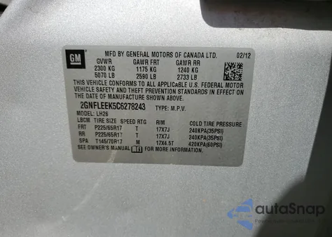 2012 Chevrolet Equinox Lt z USA, uszkodzony, nr VIN 2GNFLEEK5C6278243